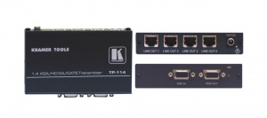 Передатчик Kramer TP-114 сигналов XGA или HDTV в витую пару (CAT5), 4-х канальный, с проходным выходом VGA/HDTV, длина линии передачи до 100 м, возможность выбора полярности строчных и кадровых синхроимпульсов