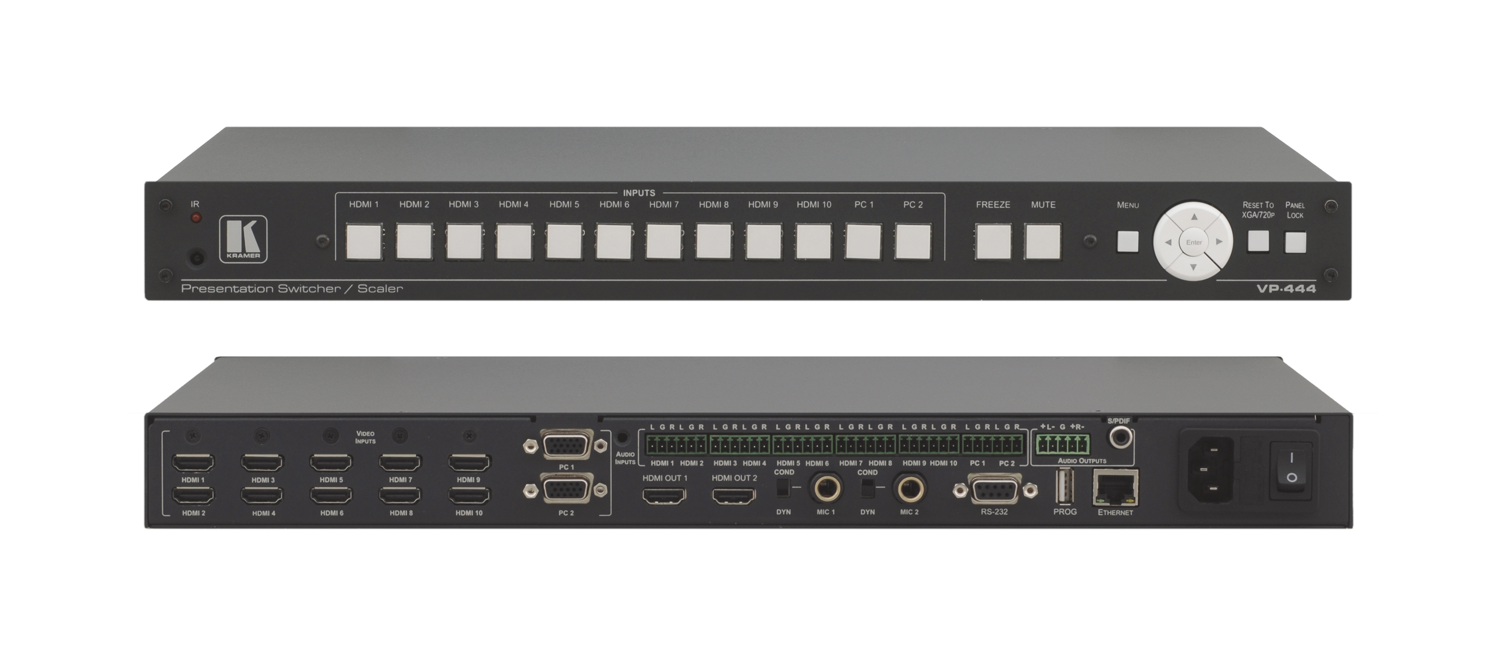 Масштабатор Kramer VP-444 ProScale сигналов HDMI, VGA, YUV, YC, CV в сигнал VGA или HDMI c добавлением в HDMI небалансного стерео аудиосигнала, с поддержкой HDCP, разрешения до 2K