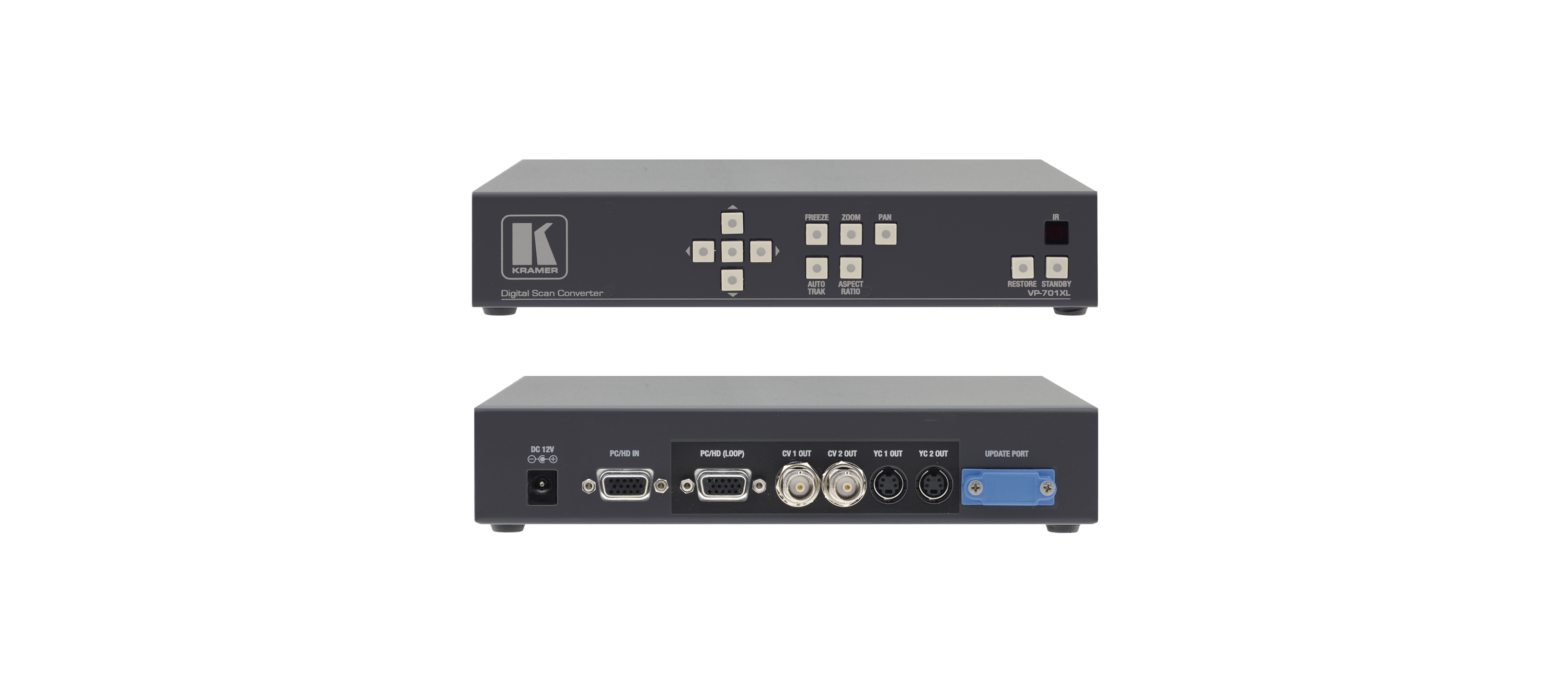 Преобразователь Kramer частоты развертки Kramer компьютерного графического сигнала в видеоформаты с разрешением до 2048x2048 или HDTV одновременно в композитный видеосигнал и s-Video (Y/C) в PAL или NTSC