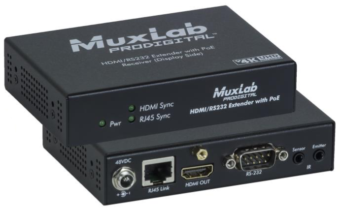 Приёмник MuxLab HDMI / HDBT, управление RS232, UHD-4K до 70м, питание PoE и от сети 220 MuxLab 500454-PoE-RX