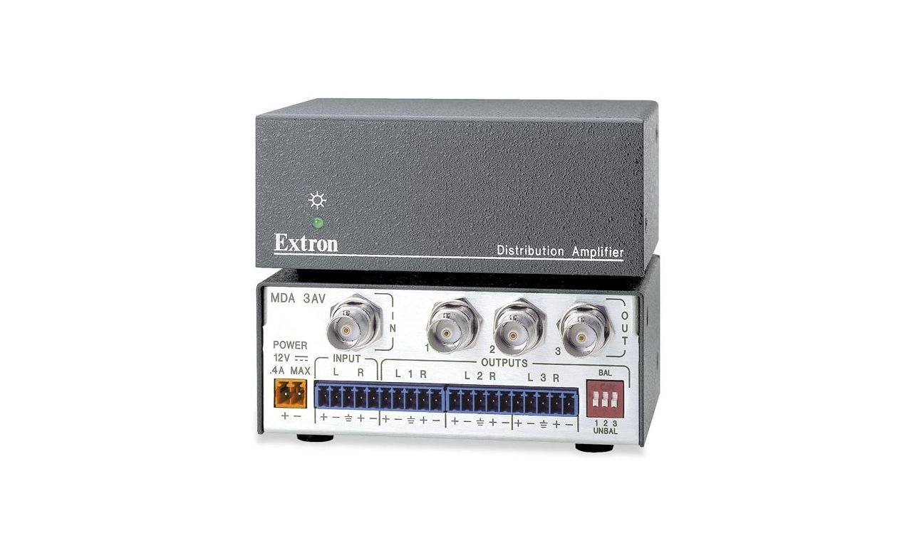 Усилитель-распределитель Extron 1:3 MDA 3AV 60-439-20 композитного видео и стерео аудио сигналов, 400 МГц, разъемы BNC(F) видео, 5-конт. клеммные блоки (3.5 mm) - аудио.