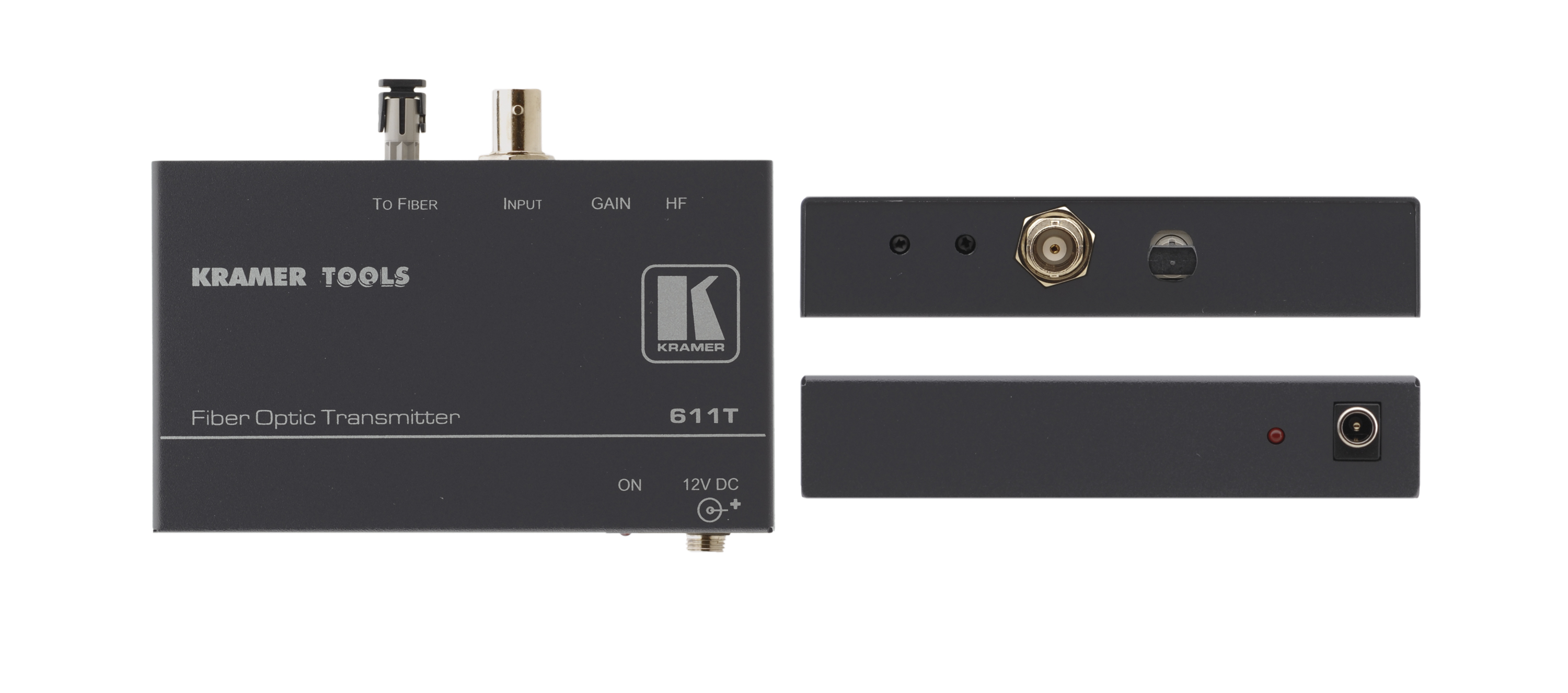 Передатчик Kramer 611T композитного видеосигнала по волоконно-оптической линии с регулировкой уровня сигнала и АЧХ. Дальность действия 611T/611R составляет пять километров (многомодовый режим)