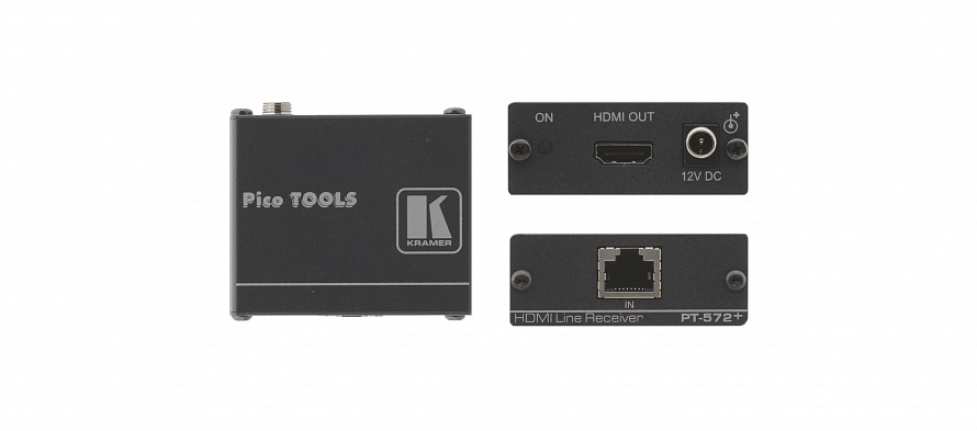 Приёмник Kramer PT-572+ сигнала HDMI из кабеля витой пары (TP), поддержка HDCP и HDTV, HDMI (V.1.4 c 3D, Deep Color, x.v.Color, Lip Sync, HDMI Uncompressed Audio Channels, Dolby TrueHD, DTS-HD) с адаптером питания, 1.65Gbps 90-70986090