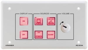 Панель управления Kramer RC-63A/EU(W)-86 Универсальная с 6 кнопками и поворотным аналоговым регулятором громкости. Обучение командам от ИК-пульта. Фиксированные надписи над группами кнопок