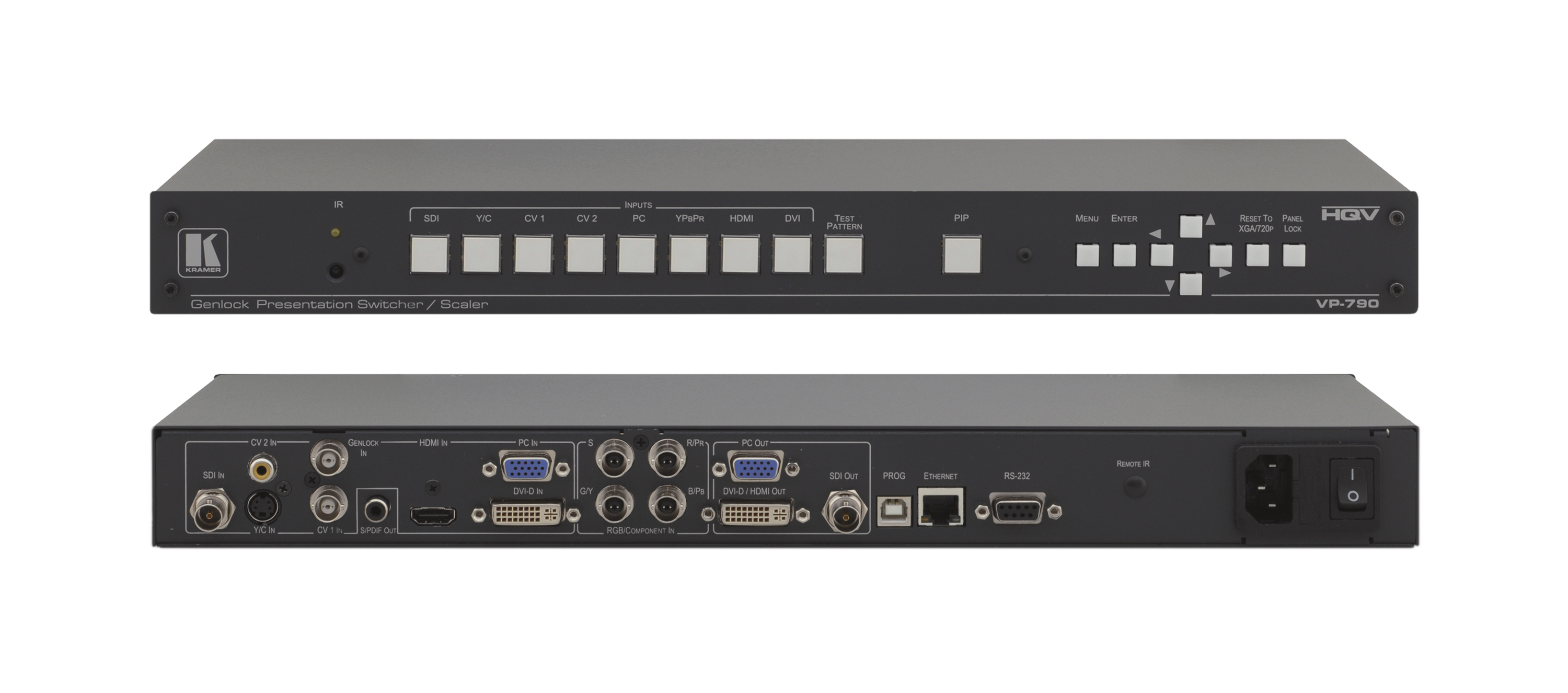 Масштабатор Kramer VP-790 видео и графики / коммутатор без подрывов сигнала.8 входов, включая DVI, HDMI иHD-SDI 3G,вход genlock, выходы VGA, DVI, HD-SDI 3G