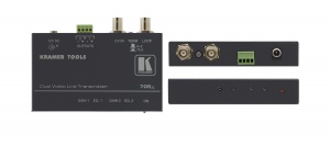 Двухканальный линейный передатчик Kramer композитного видеосигнала в витую пару (CAT5) с проходным входом видео, с регулировкой уровня и АЧХ, передача сигнала 12МГц до 300м, цветного видеосигнала промышл качества - до 1000м, до 53 МГц - до 100м 705xl