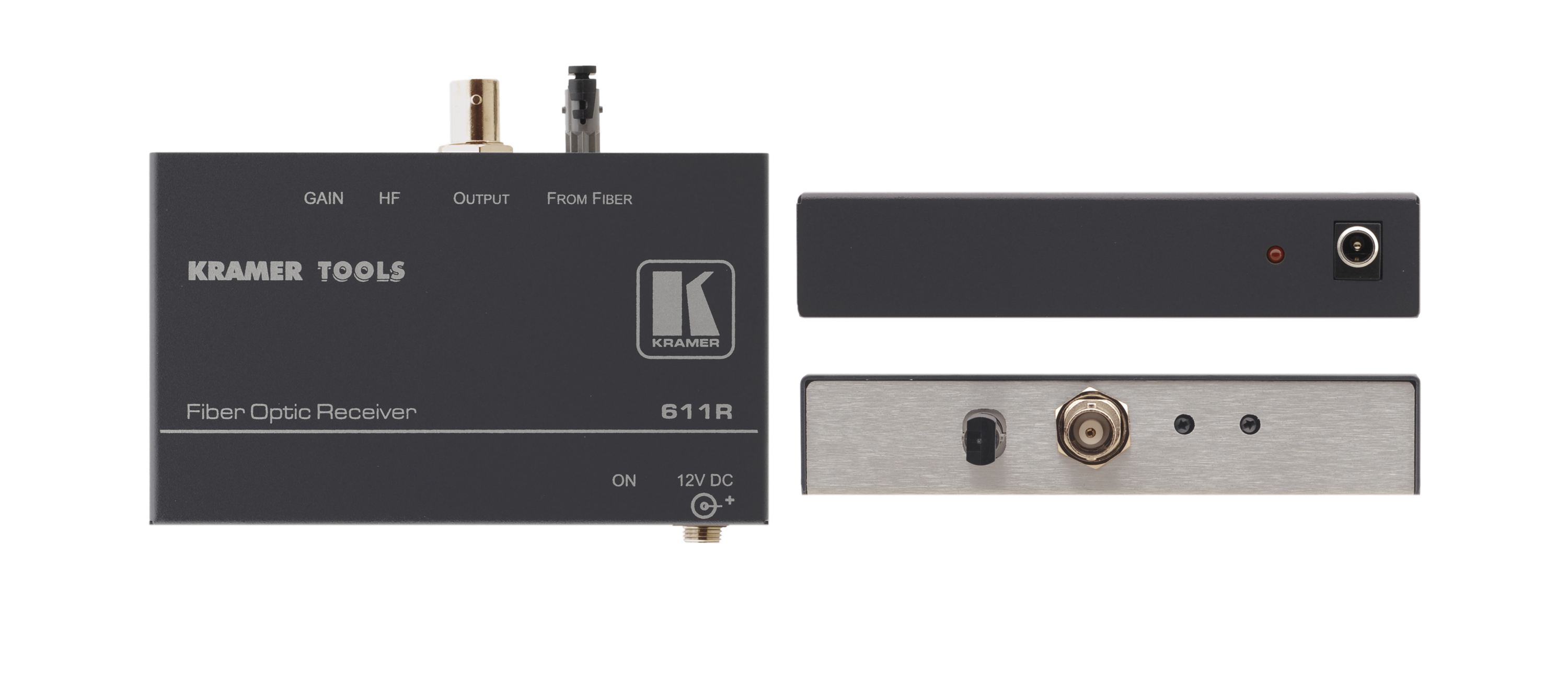 Приёмник Kramer 611R композитного видеосигнала по волоконно-оптической линии с регулировкой уровня сигнала и АЧХ. Дальность действия 611T/611R составляет пять километров (многомодовый режим)