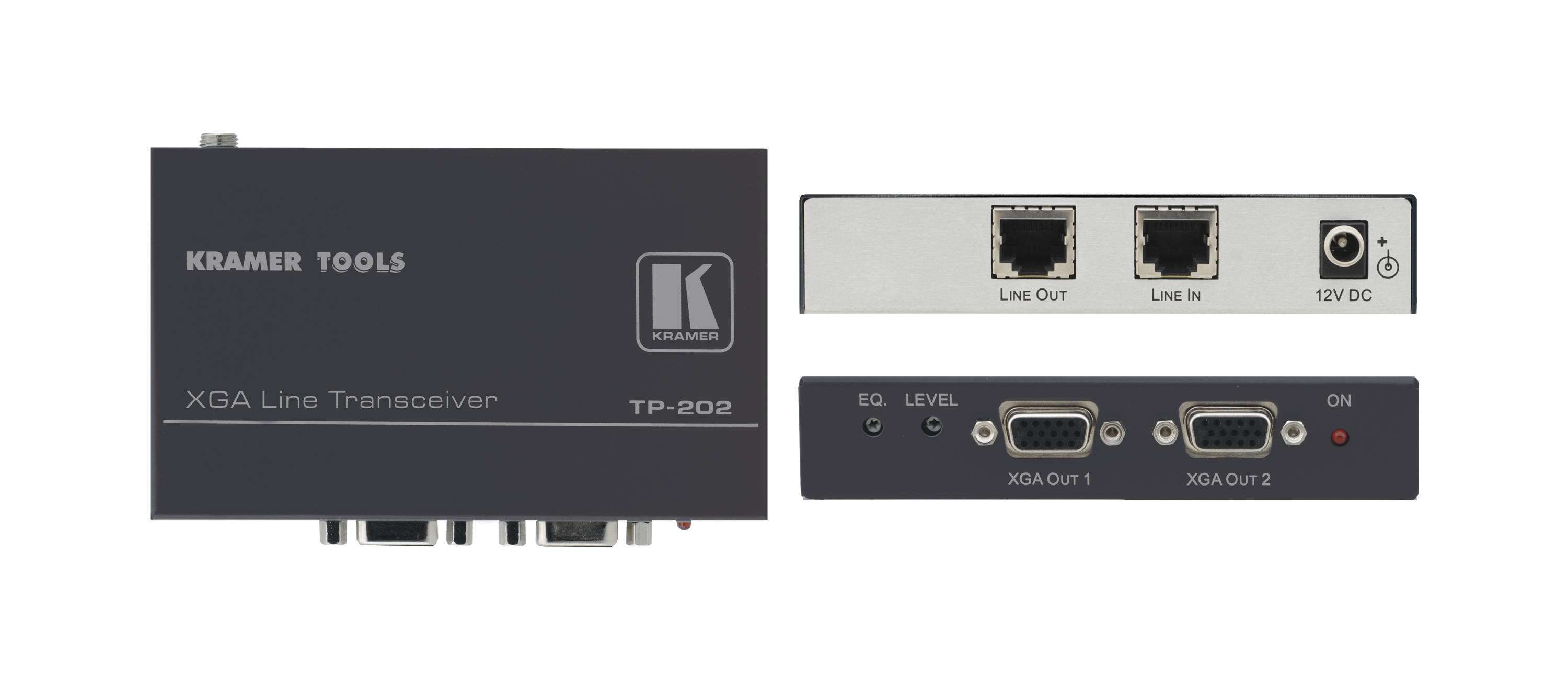 Приёмник Kramer TP-202 и ретранслятор сигнала VGA-UXGA/WUXGA и HDTV по витой паре (CAT5), 2 выхода, с регулировкой уровня и АЧХ, длина линии передачи до 100м, возможность выбора полярности строчных и кадровых синхроимпульсов