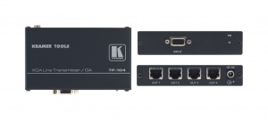 Четырехканальный передатчик Kramer TP-104HD сигнала XGA или HDTV в витую пару (CAT5), длина линий передачи может превышать 100 м, разрешение видеосигнала до UXGA/WUXGA (1600x1200/1920x1200 60 Гц) или 1080p