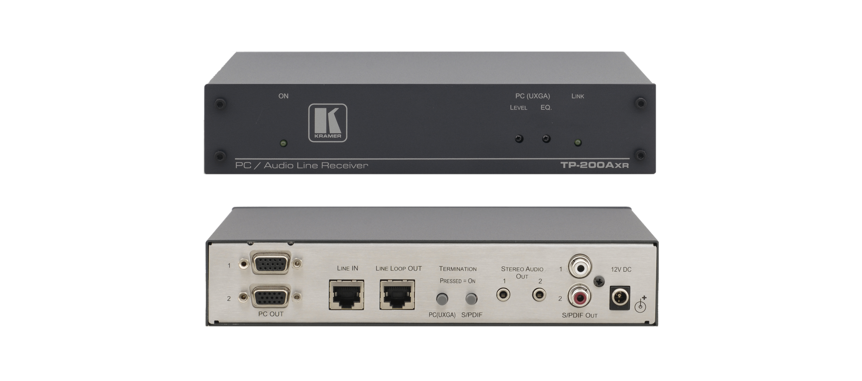 Приёмник и ретранслятор Kramer TP-200AXR и ретранслятор по витой паре (TP) сигналов VGA и звукового стерео по витой паре, с 2 выходами VGA и аудио (3,5-мм розетки и S/PDIF), совместим с HDTV, длина линии передачи до 200м, Power Connect